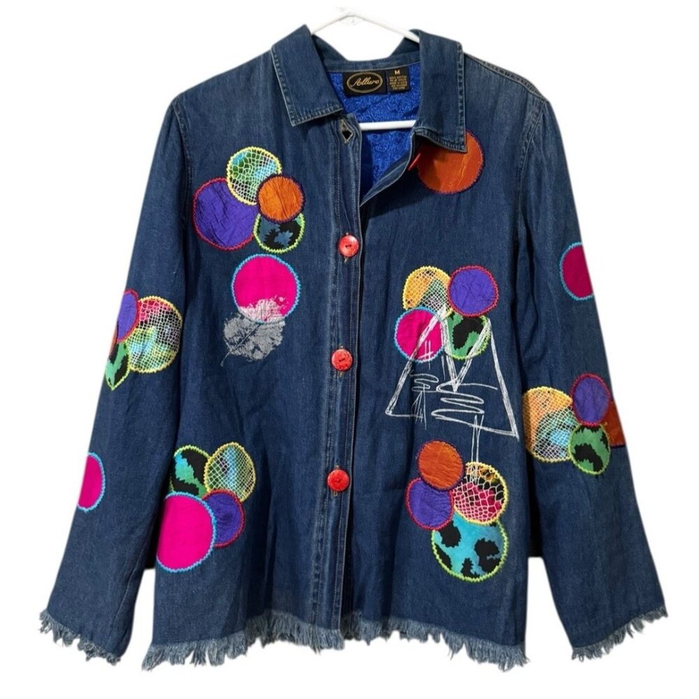 Allure Size Medium‎ Women Blue Denim Button Up Embroidred Shirt Raw Hem Buttons